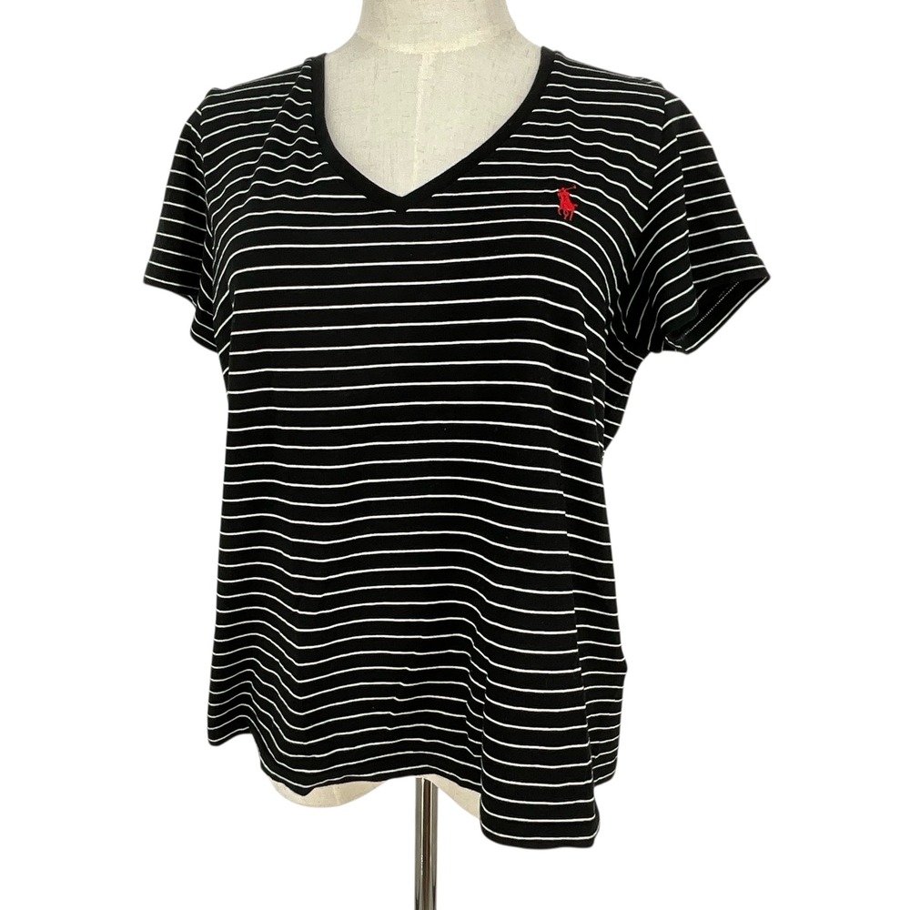 Polo Ralph Lauren Womens Striped V Neck T Shirt Black White Retro L‎ Streetwear